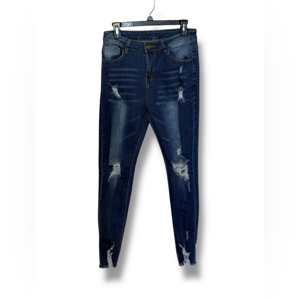 Womens Distressed High Waisted Skinny Jeans Size L Blue Ripped Denim